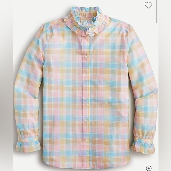 J. Crew Classic Fit Cotton Silk Voile Ruffleneck Pastel‎ Plaid Shirt Women Sz 00 - Picture 1 of 9